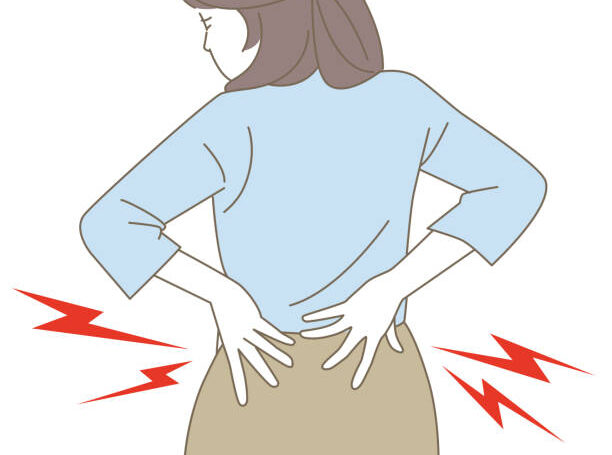 Simple line drawing illustration of a woman with a backache